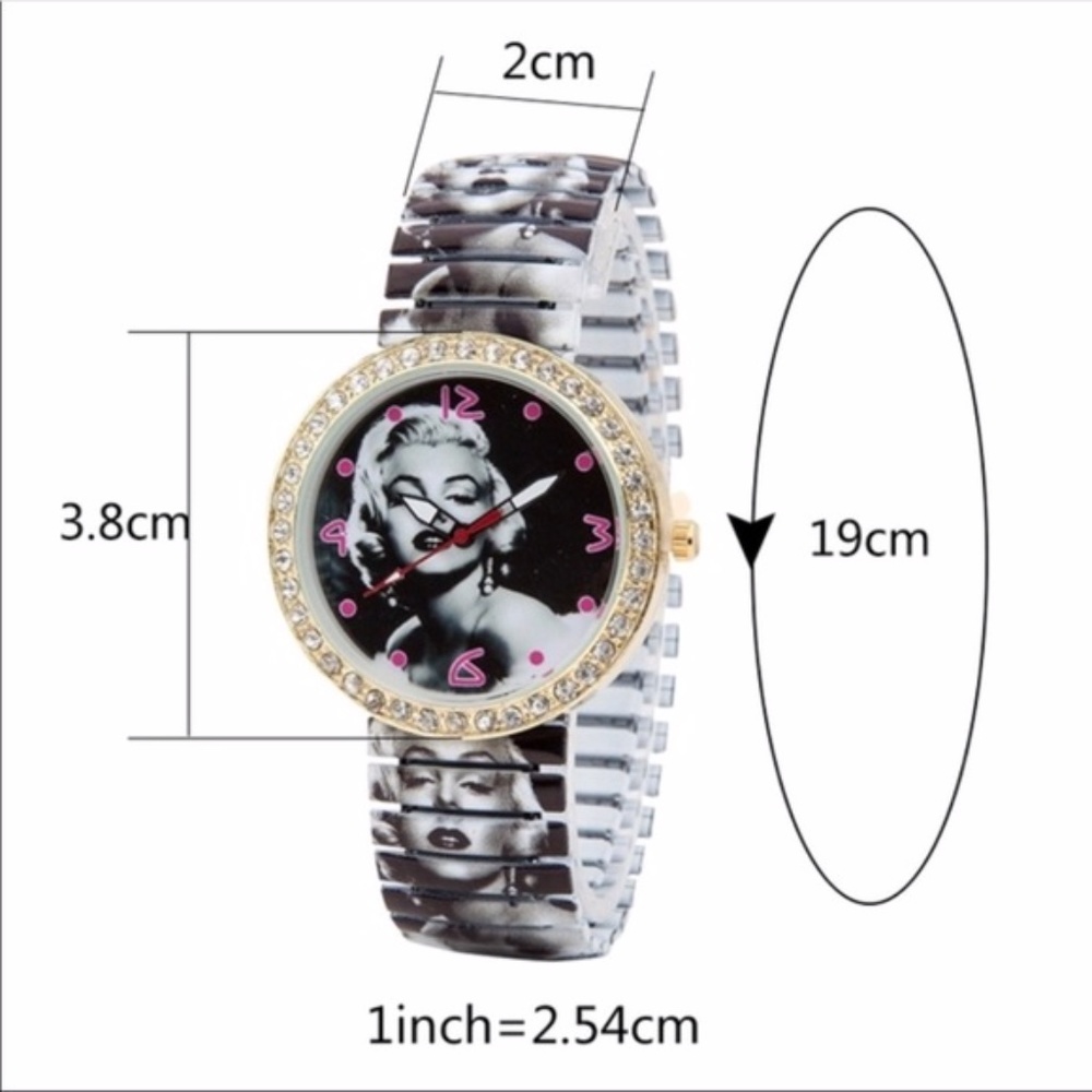 Rhinestone Marilyn Monroe Print Elastic Watch NWT - Picture 8 of 8